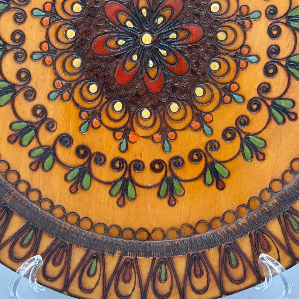 Vintage Polish Folk Art Carved Wood Plate Painted Pyrography Wall Decor 12" Hook - Picture 3 of 9